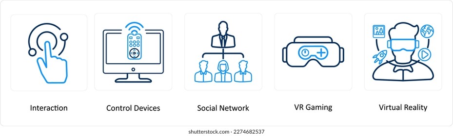 A set of 5 Virtual Reality icons as interaction, control devices, social network