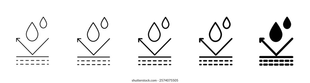 Set of 5 Water proof icon - 1 Silhouette - 1 unexpanded vector - Vector image of a water-resistant icon, indicating sun protection, water resist, waterproof, water shield, water protection