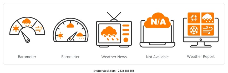 A set of 5 Weather icons as barometer, weather news, not available