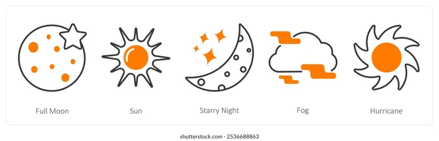 A set of 5 Weather icons as full moon, sun, starry night