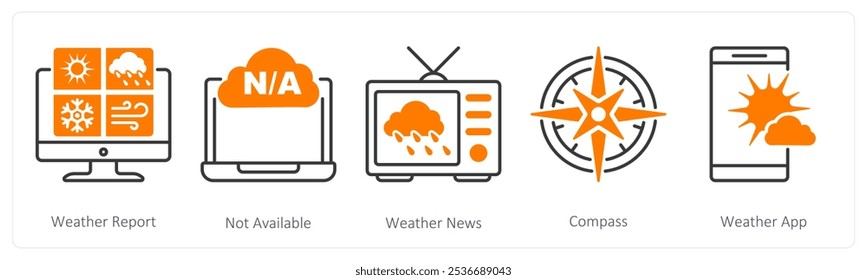 A set of 5 Weather icons as weather report, not available, weather new