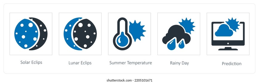 A set of 5 weather icons such as solar eclipse, lunar eclipse and summer temperature