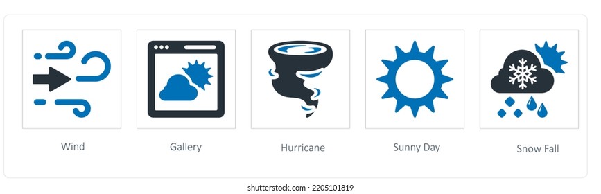 A set of 5 weather icons such as wind, gallery and hurricane