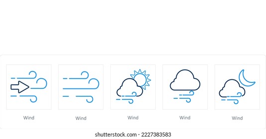 A set of 5 weather icons such as wind, air, windy day