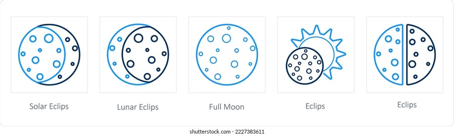 Un conjunto de 5 íconos climáticos como el eclipse solar, eclipse lunar