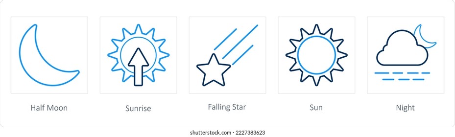 Ein Satz von 5 Wettersymbolen wie Halbmond, Sonnenaufgang