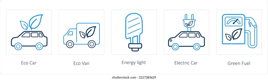 A set of 5 weather icons such as eco car, eco van, energy light