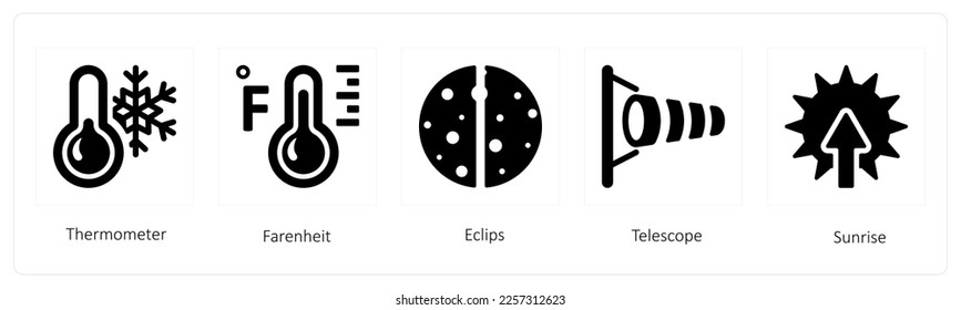 A set of 5 weather icons such as thermometer, fahrenheit and eclipse