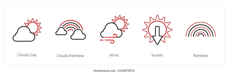 A set of 5 weather icons such as cloudy day, cloud rainbow