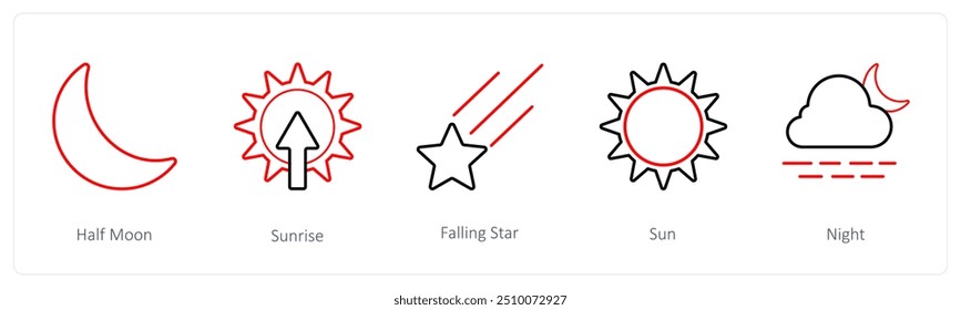 A set of 5 weather icons such as half moon, sunrise