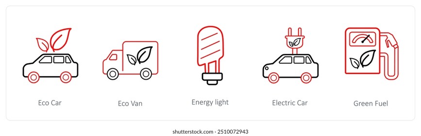 Un conjunto de 5 iconos de Clima como eco coche, eco van, luz de energía
