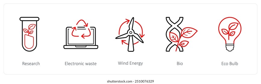 A set of 5 weather icons such as research, electronic waste, wind energy