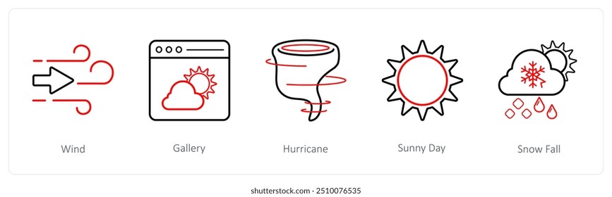Un conjunto de 5 iconos de Clima como el viento, la Galería, el huracán