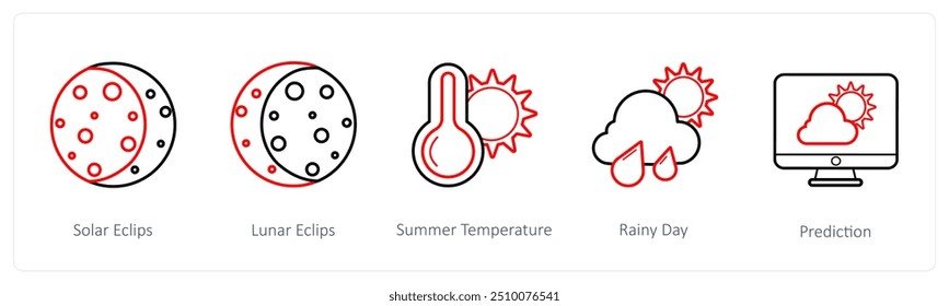Um conjunto de 5 ícones meteorológicos, como eclipse solar, eclipse lunar