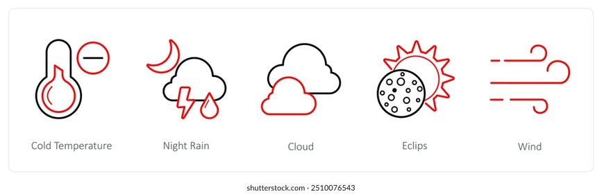 A set of 5 weather icons such as cold temperature, night rain
