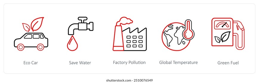 Um conjunto de 5 ícones do tempo, como carro ecológico, economizar água, poluição de fábrica