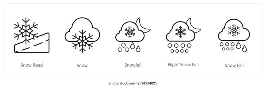A set of 5 weather icons such as snow road, snow, snowfall