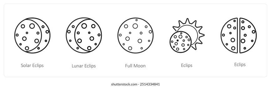 Um conjunto de 5 ícones meteorológicos, como eclipse solar, eclipse lunar