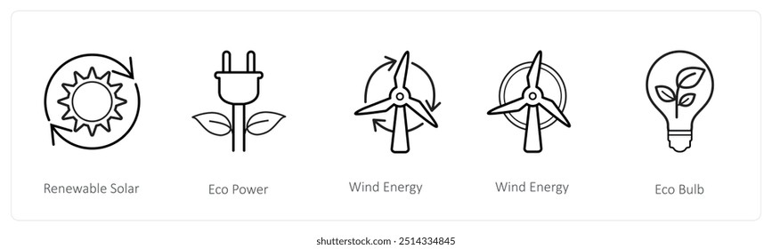 A set of 5 weather icons such as renewable solar, eco power