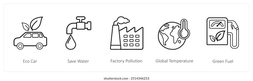 Um conjunto de 5 ícones do tempo, como carro ecológico, economizar água, poluição de fábrica