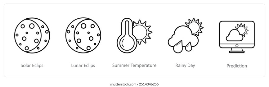 Um conjunto de 5 ícones meteorológicos, como eclipse solar, eclipse lunar