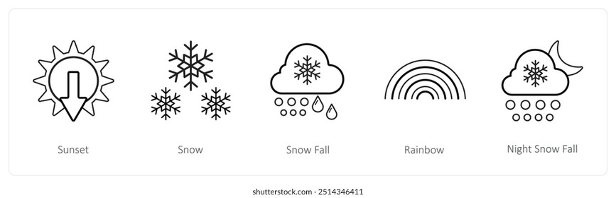A set of 5 weather icons such as sunset, snow, snow fall