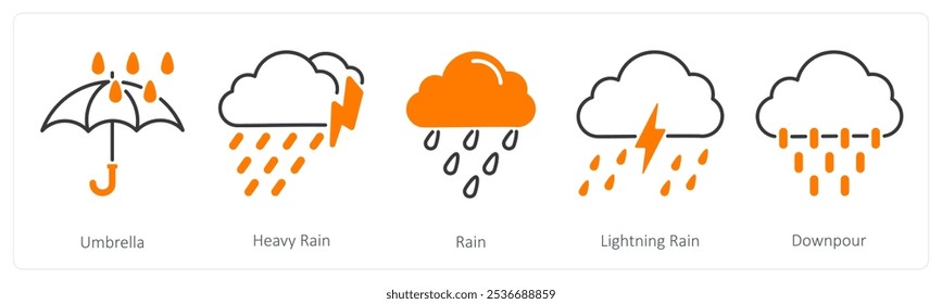 Um conjunto de 5 ícones de tempo como guarda-chuva, chuva forte, chuva