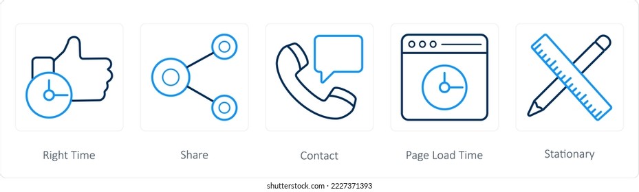A set of 5 web marketing icons such as right time, share, contact