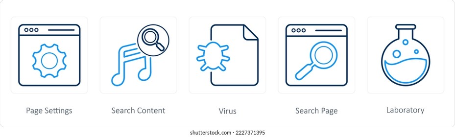 A set of 5 web marketing icons such as page settings, search content