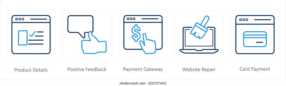 Un conjunto de 5 iconos de marketing web, como detalles del producto, comentarios positivos