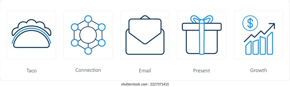 A set of 5 web marketing icons such as taco, connection, email