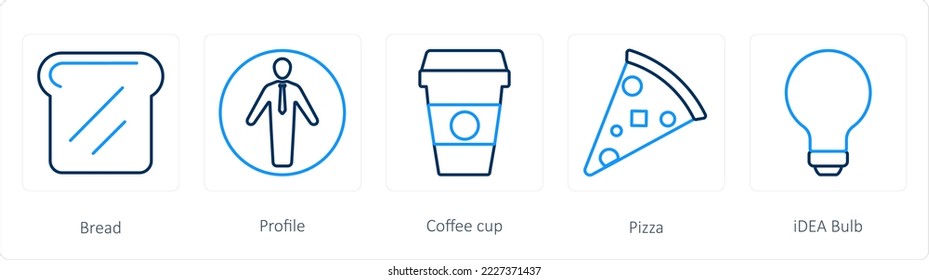 A set of 5 web marketing icons such as bread, profile, coffee cup