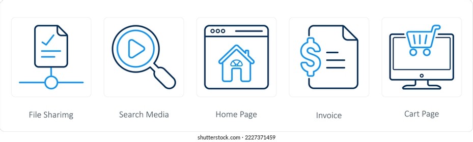 Un conjunto de 5 iconos de marketing web como uso compartido de archivos, medios de búsqueda