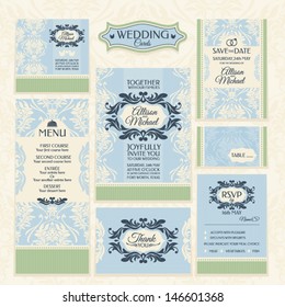 Set 5 of wedding cards. Wedding invitations, Thank you card, Save the date card, Table card, RSVP card and Menu.