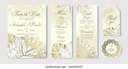 Set of 5 wedding cards. Luxury background for wedding cards. Golden outline of flowers. Art of nature.