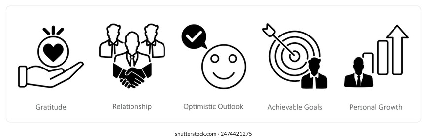 A set of 5 Wellness icons as gratitude, relationship, optimistic outlook