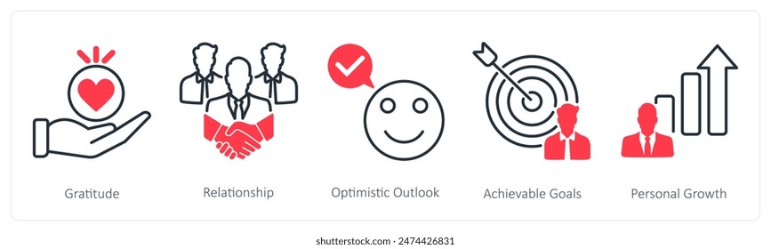 A set of 5 Wellness icons as gratitude, relationship, optimistic outlook