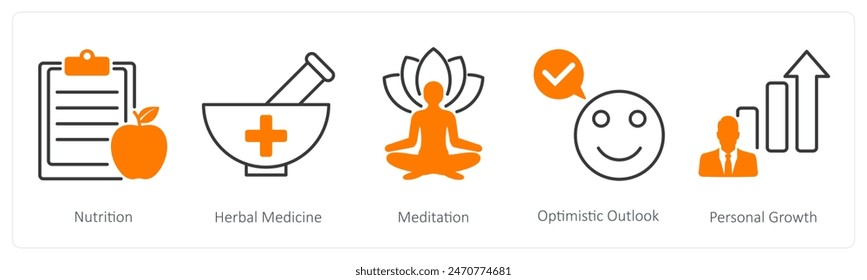 A set of 5 Wellness icons as nutrition, herbal medicine, medidation