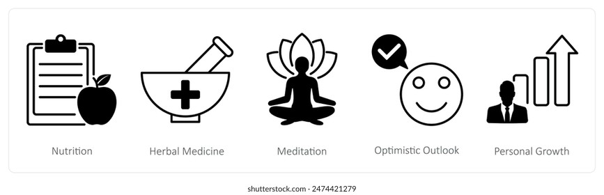 A set of 5 Wellness icons as nutrition, herbal medicine, medidation