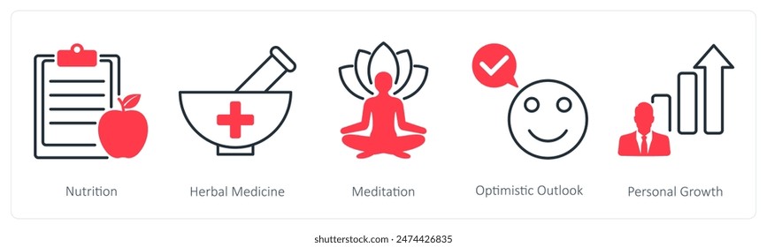 A set of 5 Wellness icons as nutrition, herbal medicine, medidation