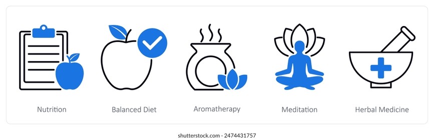 Un conjunto de 5 iconos de bienestar como nutrición, dieta equilibrada, aromaterapia