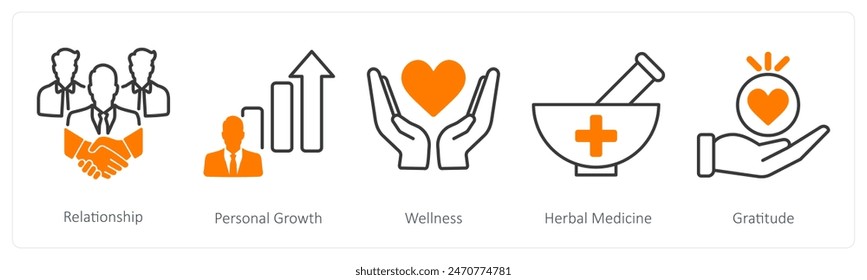 A set of 5 Wellness icons as relationship, personal growth, wellness