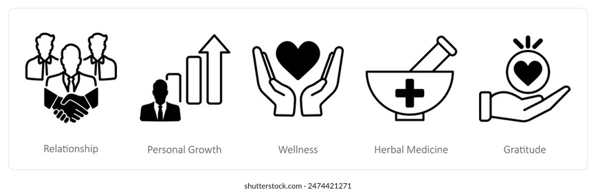 A set of 5 Wellness icons as relationship, personal growth, wellness