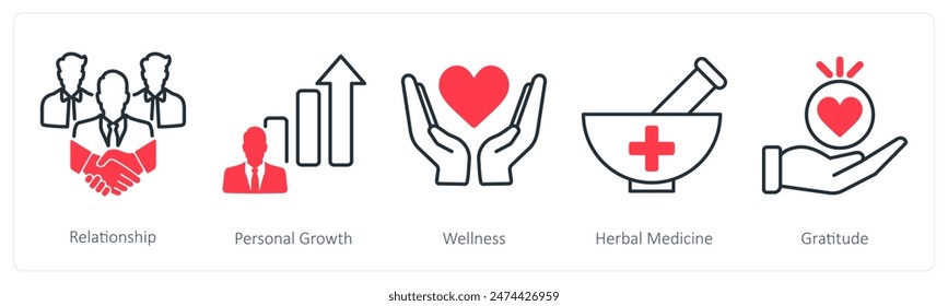 A set of 5 Wellness icons as relationship, personal growth, wellness