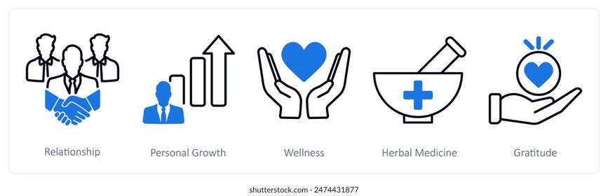 A set of 5 Wellness icons as relationship, personal growth, wellness