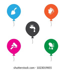 Set of 5 work icons set. Collection of wall painter, gloves, concrete mixer and other elements.