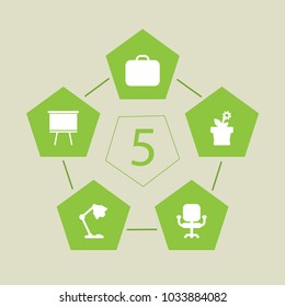 Set of 5 workspace icons set. Collection of chair, board stand, briefcase elements.