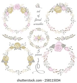 Set of 5 wreaths of flowering plants on a white background . vector background . rose, peony plants 