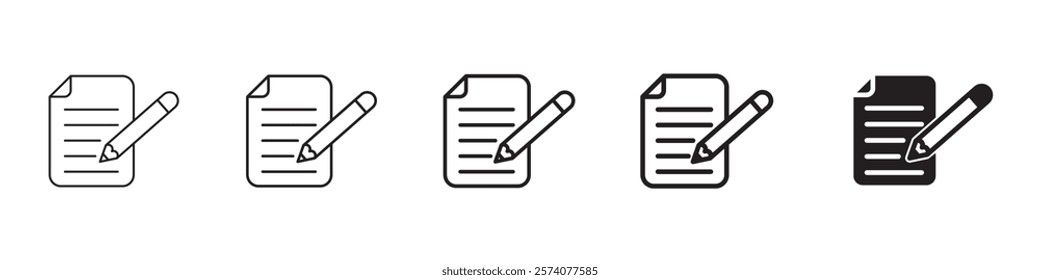 Set of 5 Writing icon - 1 Silhouette - 1 unexpanded vector - Notepad icon, writing pad, paper with pencil representing notes forms business contracts transparent background, noting, writing material