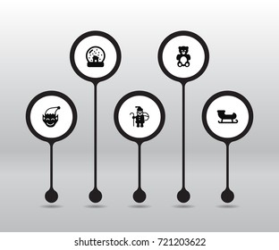 Set Of 5 Year Icons Set.Collection Of Bear, Magic Sphere, Santa Sleigh And Other Elements.